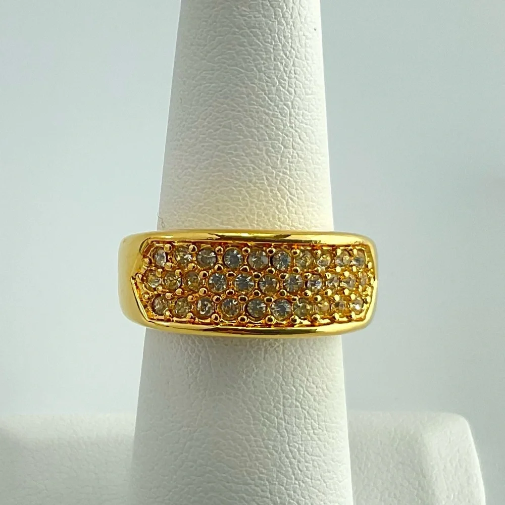 Elegant Gold Simulated Diamond Ring, 3 Rows of Dainty Sparkling Crystals